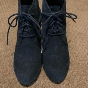 Clarks navy suede wedge bootie